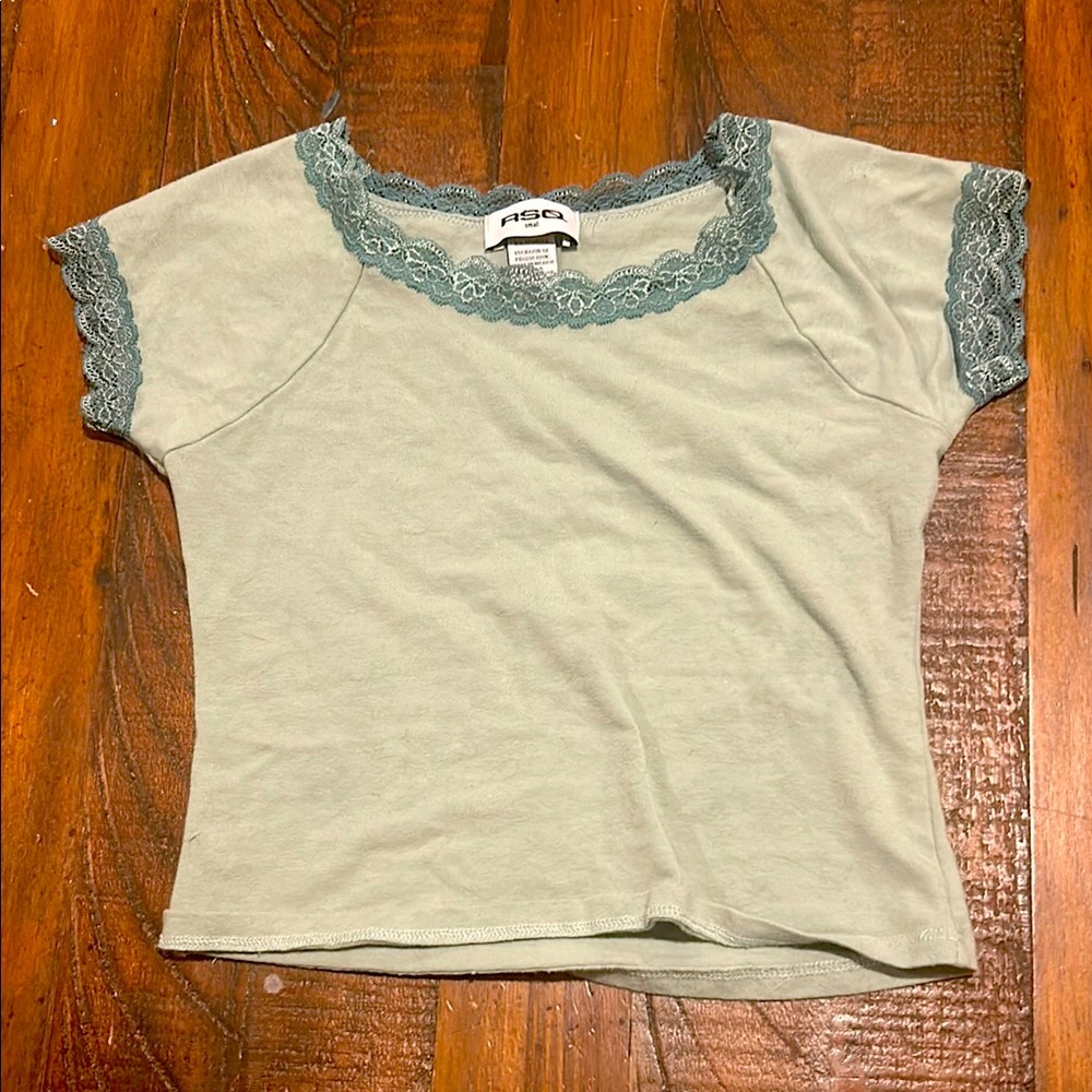 AEO Lace Trim Tee in Sage Green